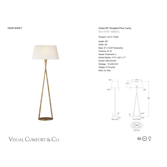 Ian K. Fowler by Visual Comfort Signature Cesta 60" Sculpted Floor Lamp in Gilded Iron with Linen Shade Designer: Ian K....