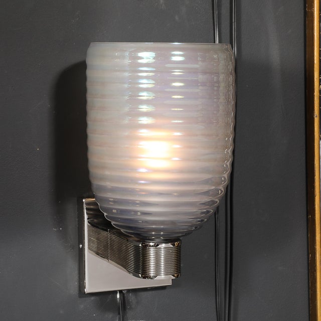 2020s Modernist Hand-Blown Smoked Cerulean Hive Murano Glass & Nickel Fitted Sconces For Sale - Image 5 of 12