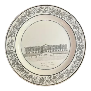 A Antique French Creamware Plate With Black Transfer Decoration, "1re Vue Du Louvre", Circa 1800