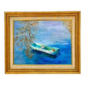Mid 20th Century Vintage Coastal Original Oil Painting of Rowboat, Framed