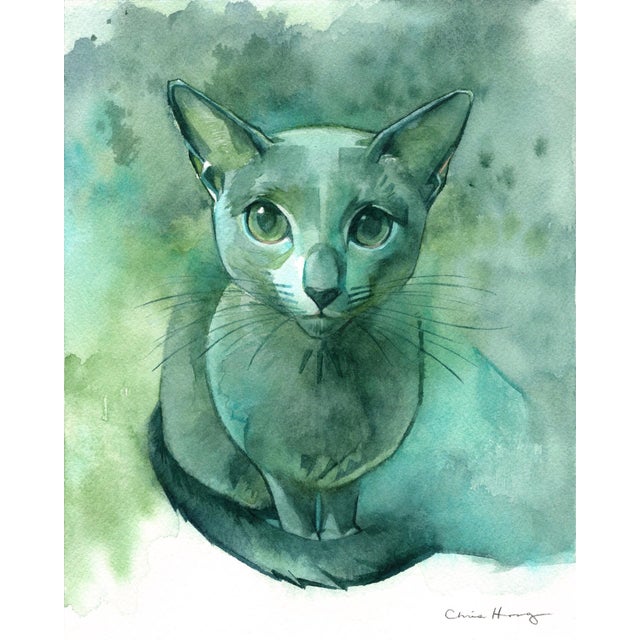 Earnest Eyes by Chris Hong | Watercolour on paper of a cat with green eyes For Sale - Image 4 of 4