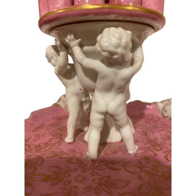 Antique Carl Thieme Dresden Pink Porcelain Cherub Cigarette Holder / Flower Frog Vase For Sale - Image 10 of 14