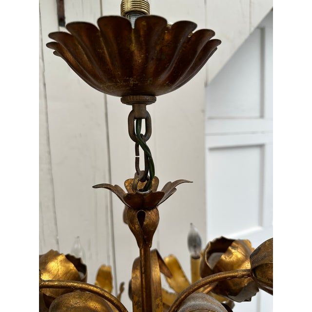 1950s Vintage Gilt Hollywood Regency Chandelier With Metal Tulips For Sale - Image 5 of 10
