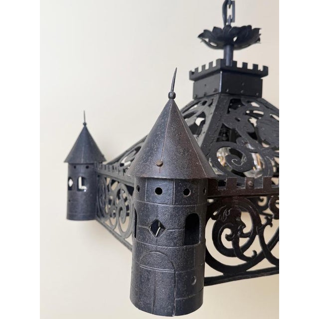 Antique Gothic Revival Wrought Iron Castle Chandelier with Turrets, 1910 For Sale - Image 4 of 18