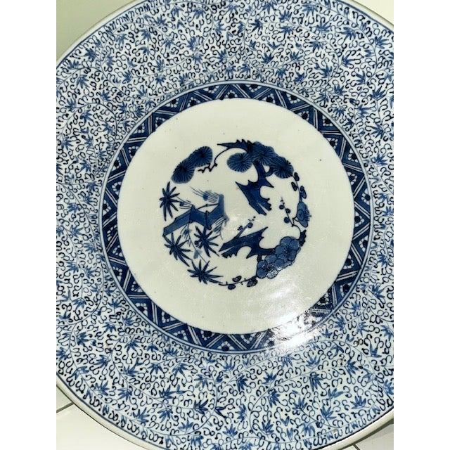 Japanese Antique 16" Blue and White Plate With Detailed and Intricate Hand Painting Pine and Plum Design For Sale - Image 3 of 18
