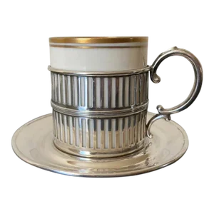Early 20th Century Irish Porcelain and Art Deco Sterling Silver Coffee Espresso Tea Demitasse Cup and Saucer by Belleek Willets - 3 Pieces