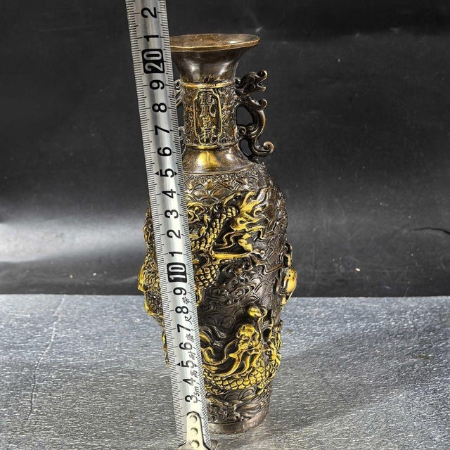 Metal Late 20th Century Gilt Bronze Vase With Dragon & Phoenix Relief For Sale - Image 7 of 8