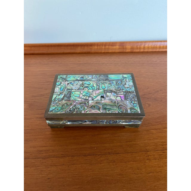 Vintage Taxco Mexico Brass & Abalone Shell Mosaic Jewelry Box, Mid-Century For Sale - Image 10 of 12