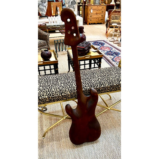 1970s Solid Teak Hand Carved Bass Guitar Sculpture For Sale - Image 4 of 10
