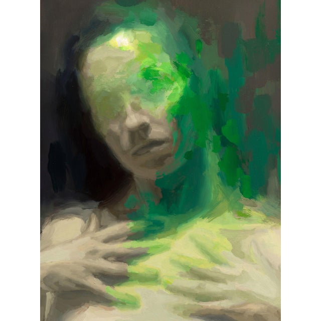 Seed by Josh Sorrell | Oil on Panel Abstract figure with green hues and blurred features. For Sale - Image 4 of 5