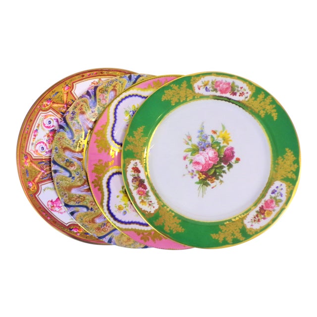 Enameled Pink and Green Tin English Plates - Set of 4 For Sale