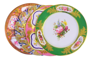 Enameled Pink and Green Tin English Plates - Set of 4