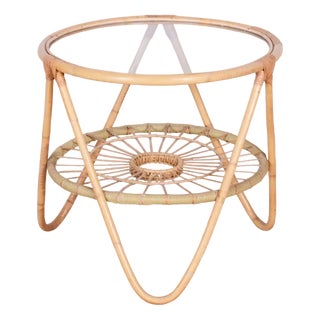Small Mid-Century Table in Rattan & Glass by Alan Fuchs for Uluv, Former Czechoslovakia, 1940s For Sale