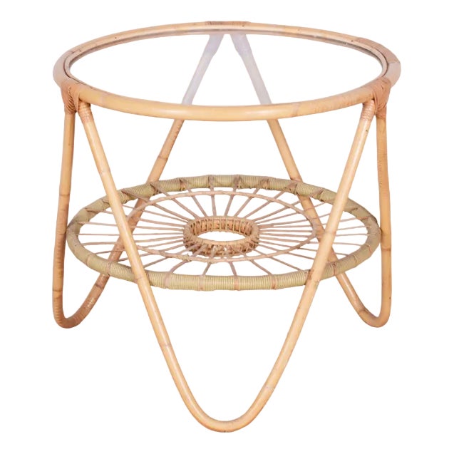 Small Mid-Century Table in Rattan & Glass by Alan Fuchs for Uluv, Former Czechoslovakia, 1940s For Sale
