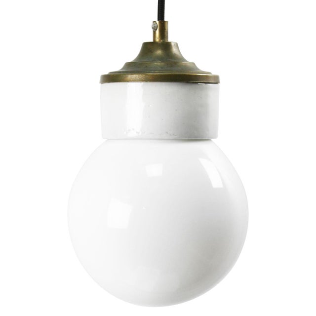 Metal Vintage Industrial Porcelain, Brass, and Opaline Glass Pendant Light For Sale - Image 7 of 7
