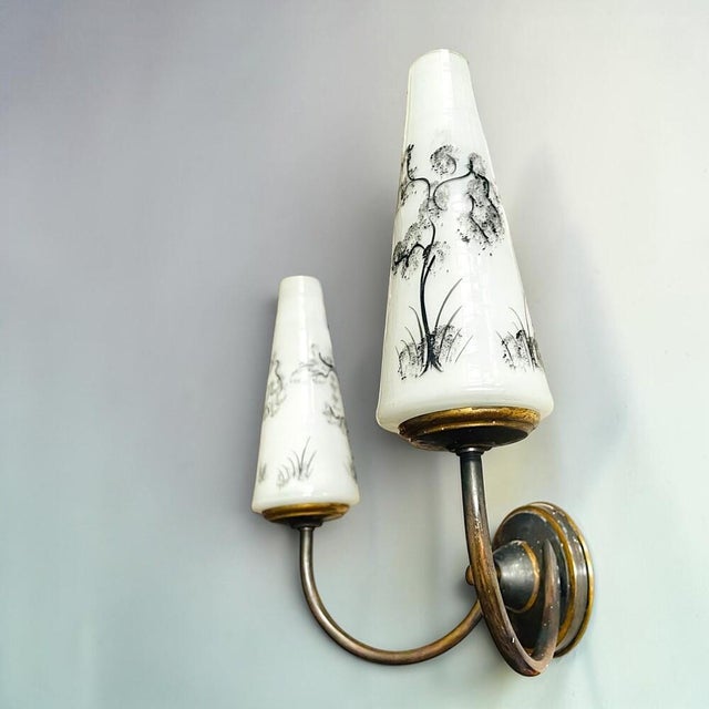 Mid-Century Modern Mid-Century Portuguese Brass and Glass Double Wall Sconces, 1960s, Set of 2 For Sale - Image 3 of 10