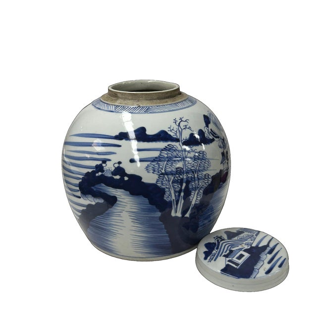 1990s Oriental Blue White Scenery Porcelain Large Ginger Jar For Sale - Image 5 of 7