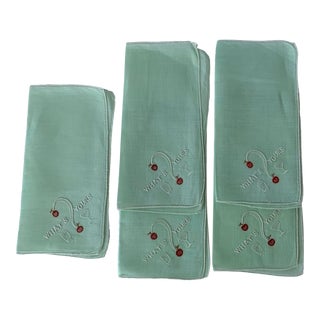 Set of 5 1950s Embroidered Green Linen Cocktail Napkins For Sale
