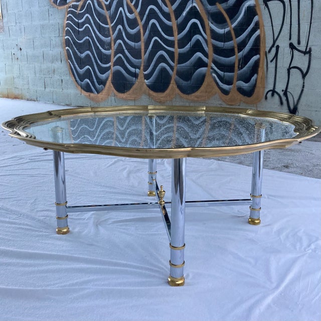 1970s Mid-Century Modern Chrome X-Base Coffee Table Having Scalloped Brass Glass For Sale - Image 5 of 13