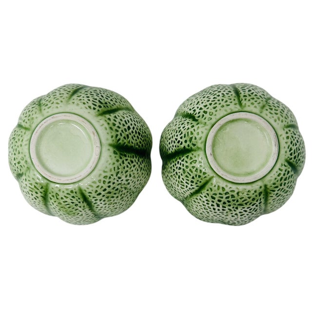 Canary Yellow Mid 20th Century "Noir" Cantaloupe Fruit Bowls| Unmarked Knobler Style | Realistic Japanese Majolica - Set of 2 For Sale - Image 8 of 9