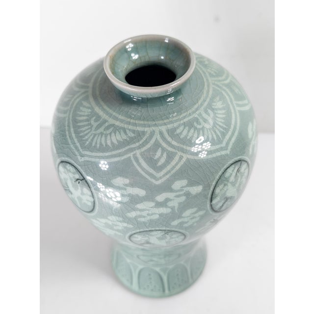 Mid-Century Asian Modern Korean Celadon Green Meiping Vase With Cranes For Sale In New York - Image 6 of 9