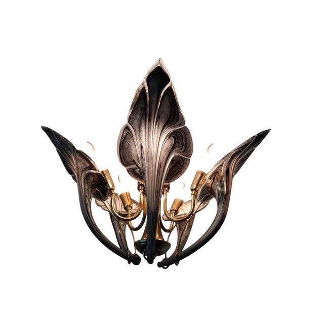 Vintage Black Murano Glass Vintage Chandelier, Lily Floral 1980s 5-Light Flush Mount For Sale - Image 4 of 13