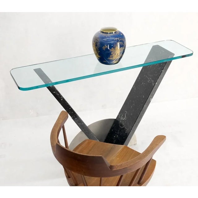 Black "V" Shape Marble Base Thick Glass Top Modern Custom Design Console Table For Sale - Image 8 of 13
