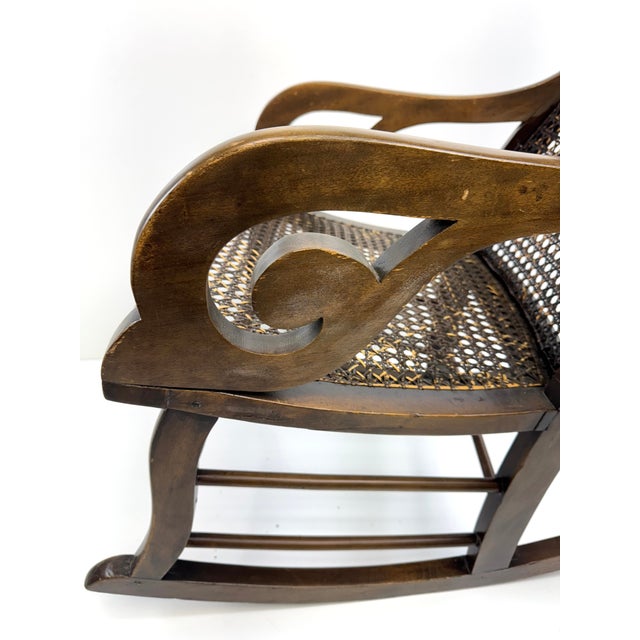 Antique Late 19th Century Cane-Back Rocking Chair With Carved Scroll Arms For Sale In Little Rock - Image 6 of 12