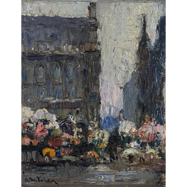 Early 20th Century Antique Signed Oil Painting on Board 'Brussels Flower Market on the Grand Place' For Sale - Image 5 of 17