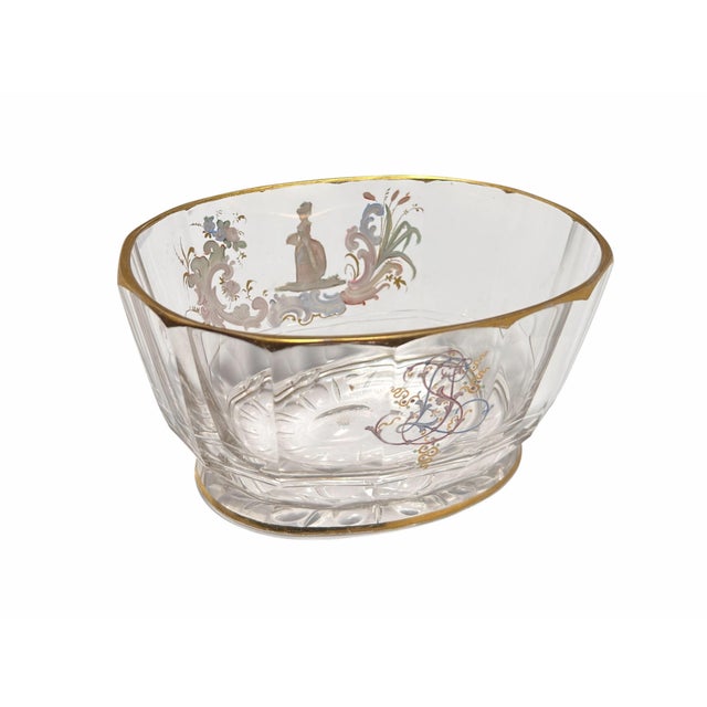 Paint Antique J L Lobmeyr Austrian Enamel Decorated Crystal Bowl Romantic Scene For Sale - Image 7 of 8