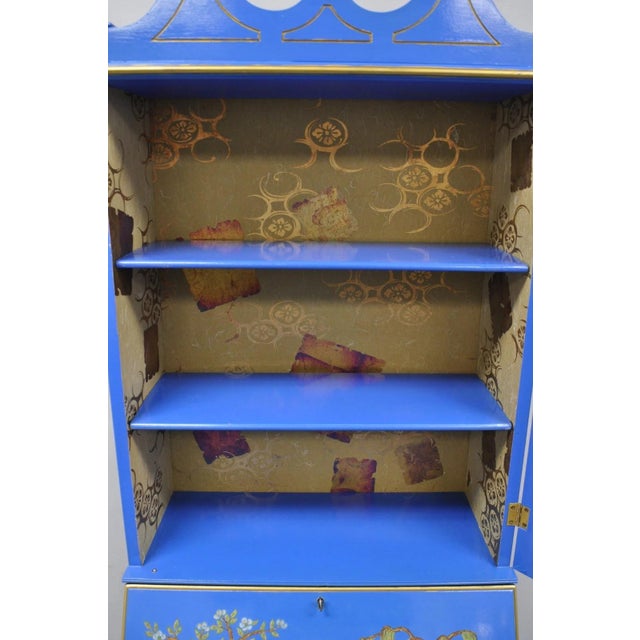 Vintage Chinoiserie Blue Hand Painted Gold Gilt Narrow Bookcase Secretary Desk For Sale - Image 10 of 18