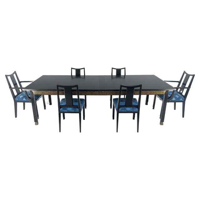 Black Lacquer Gold Ornament Decorated 6 Chairs 2 Leaves Dining Table Set MINT! For Sale - Image 12 of 18