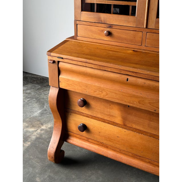 Pine Fall-Front Secretary Desk With Glass-Front Bookcase, Circa 1840s For Sale - Image 9 of 18