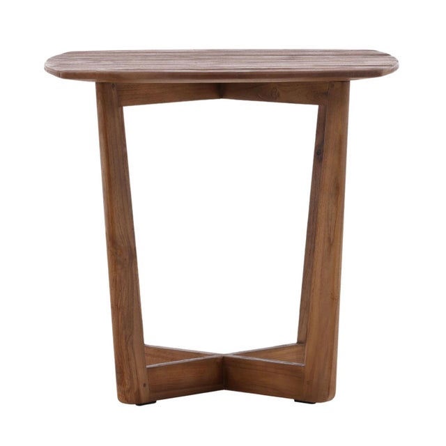 Stylish teak wood bistro table. Midcentury modern style rounded square top and X base. Each table will have slight...