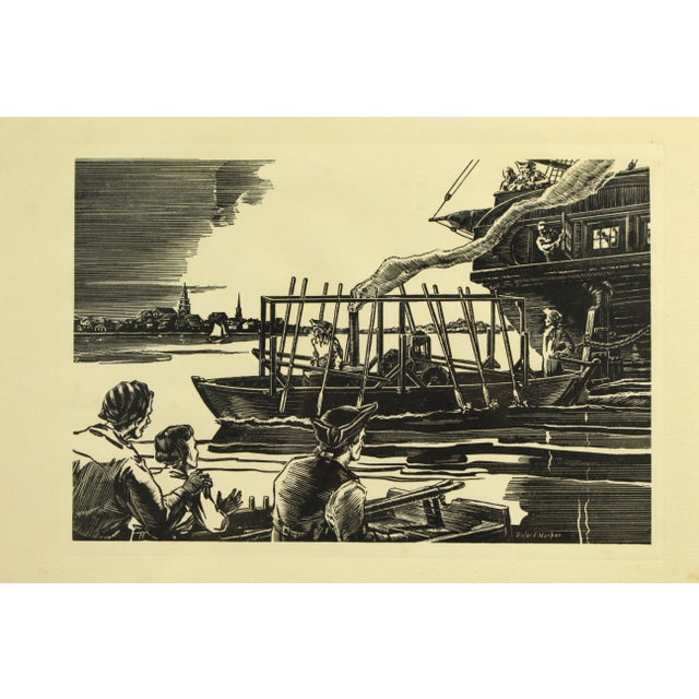 A masterfully rendered American historical scene Well executed woodblock depicting a seascape with ships in a harbor and...