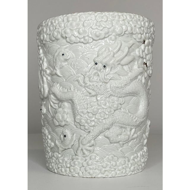 Asian Antique Blanc De Chine Dragon Brush Pot For Sale - Image 3 of 12