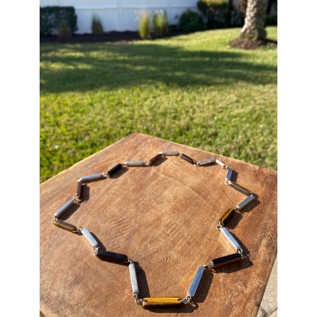 Carved Tiger Eye Gemstones + Sterling Siver Modernist Minimalist Link Necklace For Sale - Image 6 of 8