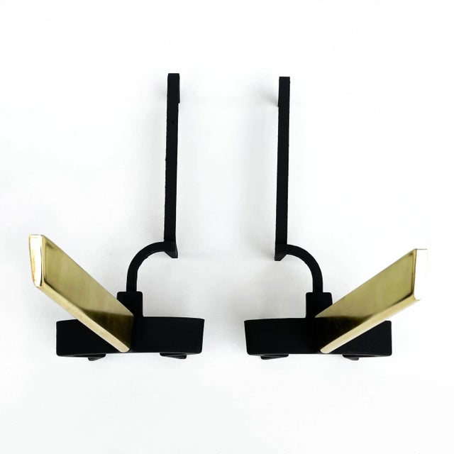 Donald Deskey 1950s Mid Century Brass and Iron Andirons by Donald Deskey - a Pair For Sale - Image 4 of 9