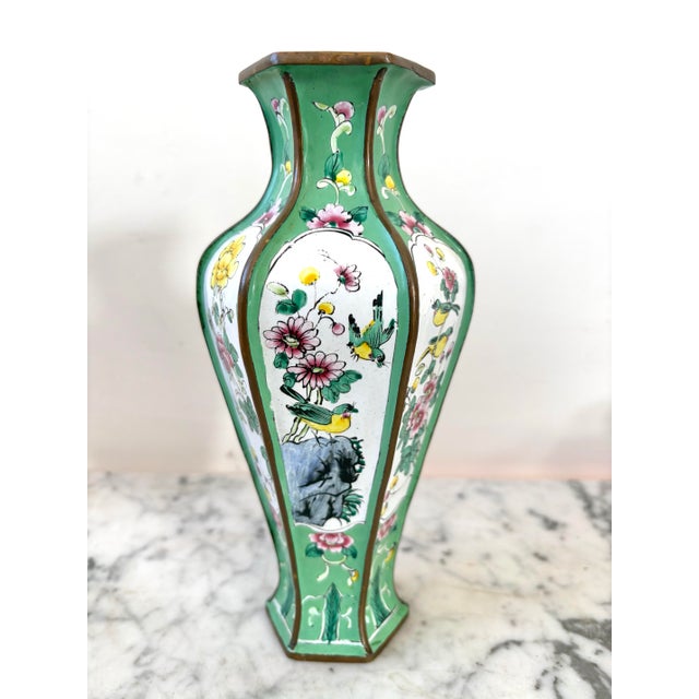 hinese Canton enamel copper hexagonal vase with bird and floral decorations