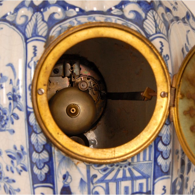 Antique Delft Vase Clock, Blue White Chinoiserie Vase Kangxi Style, Foo Dog Finial For Sale - Image 12 of 14