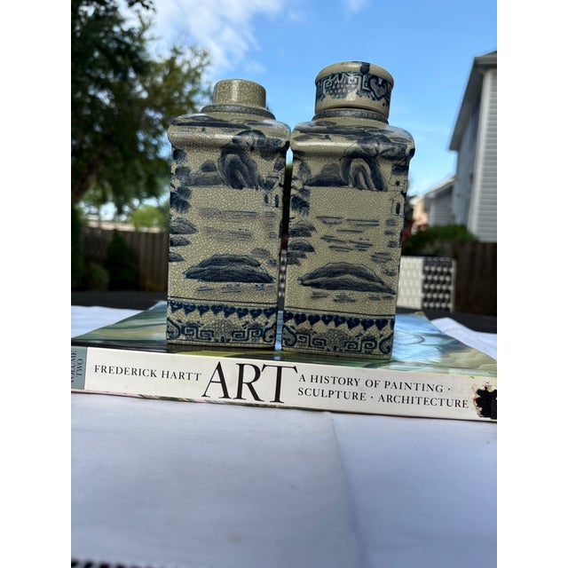 1950s Vintage Pair Blue&White Porcelain Jars : Vase Decanter Beautiful (One Lid) For Sale - Image 5 of 7