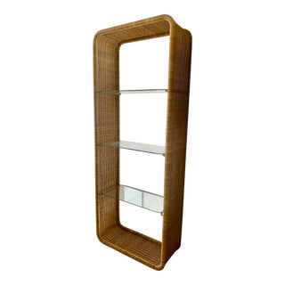 1950s Vintage Wicker Étagère With Glass Shelves Attributed to Louis Sognot For Sale