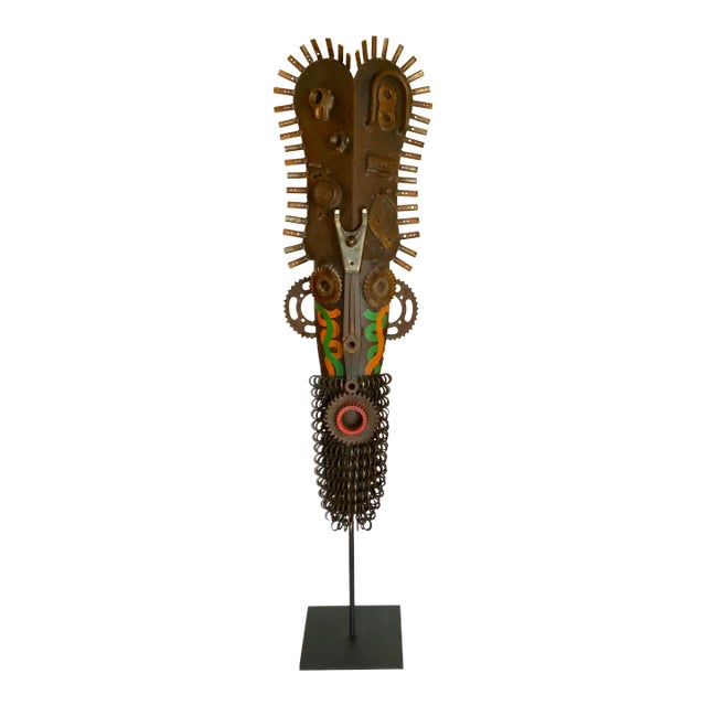Stylish Industrial Modern Tall Abstract Mask Sculpture on Stand For Sale