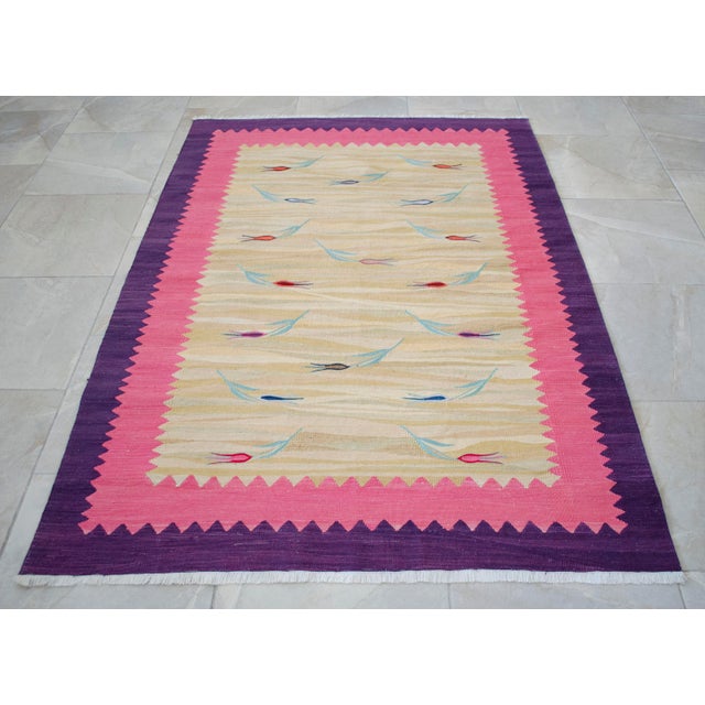 Turkish Silk Rug Kilim Hand Woven Tulips Motif Oushak Area Rug - 3′11″ × 5′7″ For Sale - Image 15 of 17