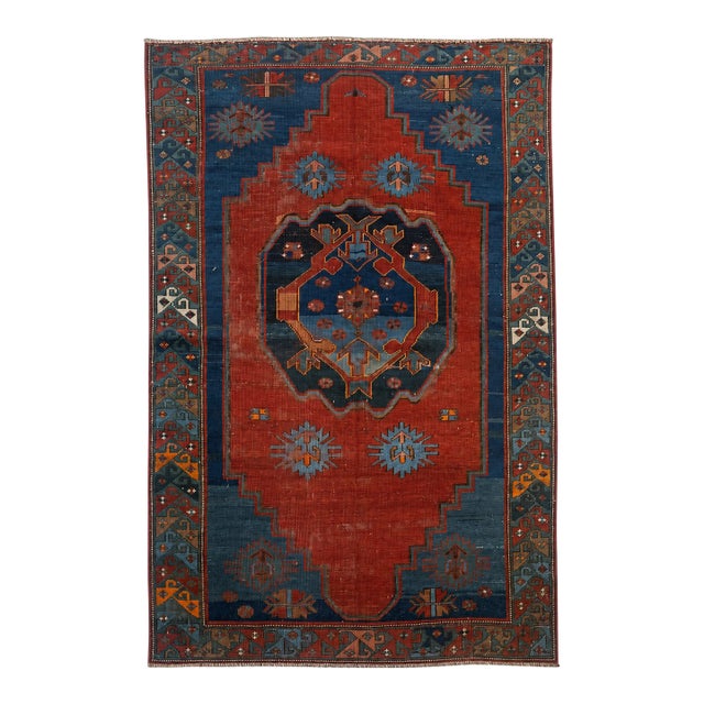 Antique Kazak Rug | Bold Red Field With Blue Medallion | 4x6 For Sale