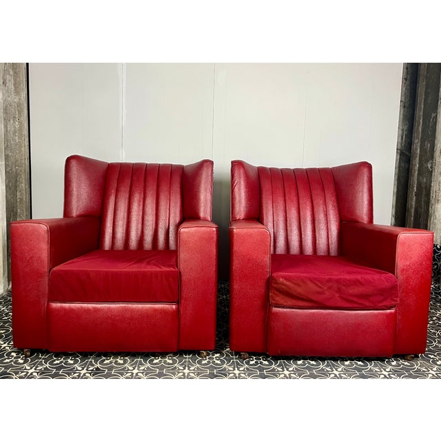 Mid-Century Modern Antique Art Deco Red Club Chairs, 1930s, Set of 2 For Sale - Image 3 of 18