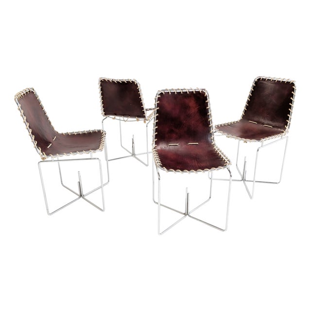 Italian Modern Leather Sling Back Chairs, 1970s, Set of 4 For Sale