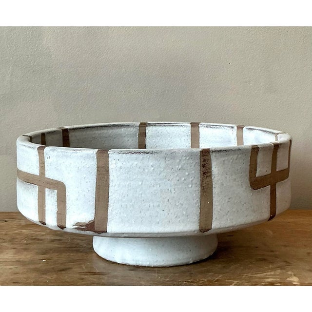 Mid-Century Modern Vintage Boho Glazed Ceramic Intersection Bowl For Sale - Image 3 of 8