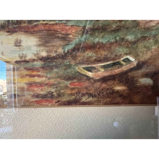 Glass 70's Vintage A. F. Drexon Landscape Cottage Windmill at the Riverside Watercolor Painting For Sale - Image 7 of 12