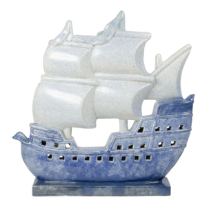 Early 20th Century Art Déco French Enameled Blue Ceramic Sculpture of a Sailing Ship Signed by M. Coulon for Edition Kaza